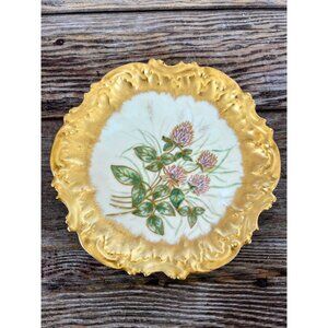 Antique Limoges Strauss & Sons Plate Heavy Gold Hand Painted Clover Flowers 8"